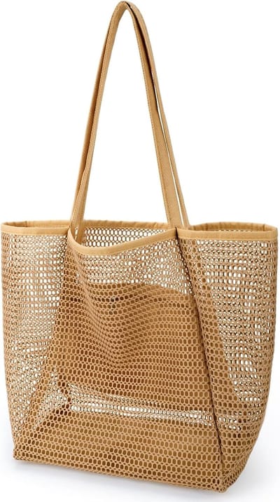 Strandtas - Strandtas voor dames - Grote mesh-tas - Essentieel voor de vakantie - Gepersonaliseerde zomerse casual schoudertas - Herbruikbare opvouwbare boodschappentas - Picknicktas voor dames - Zwembadtas - Sporttas - Reistas - Boodschappentas (bru