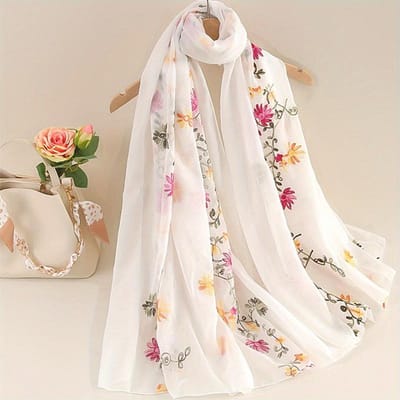 Design Tendance Motif Fleur Brodé Foulard Châle pour Femme Élégant et Respirant Accessoire Polyvalent Quotidien 85 * 180cm 90x180cm white