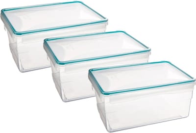 5Five Vershoudbakje TRITON - 3x - deksel met zijklemmen - kunststof - luchtdicht - 25 x 18 x 12 cm - 3700 ml - transparant/blauw