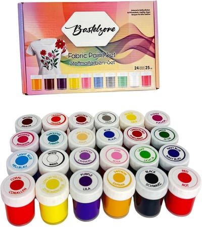 Textielverf Set van 24 levendige kleuren, elk 25 ml. - Wasbare textielverf set - Levendige, sterk gepigmenteerde textielverf - Machinewasbare verf voor T-shirts, katoen en stoffen (24 kleuren x 25 ml)