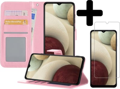 Hoesje - Met Screenprotector - Geschikt voor Samsung Galaxy A12 - Luxe Pasjeshouder - Bookcase Portemonee - Flip Case - Kunstleer Book Case - Flipcase - Book Cover - Walletcase - Portemonneehoes - Telefoonhoesjes - Lichtroze