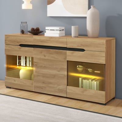 MODENUIT Dressoir - 3 Deuren En 3 Lades Met LED-Verlichting - Voor Woonkamer - Spaanplaat Eikenkleur - 140x35x80 Cm