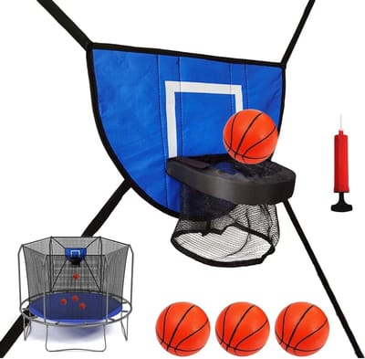 Trampoline Basketbalring - Sport Accessoire - Buiten Spelen - Veilige Randbevestiging - 4 Ballen - Blauw