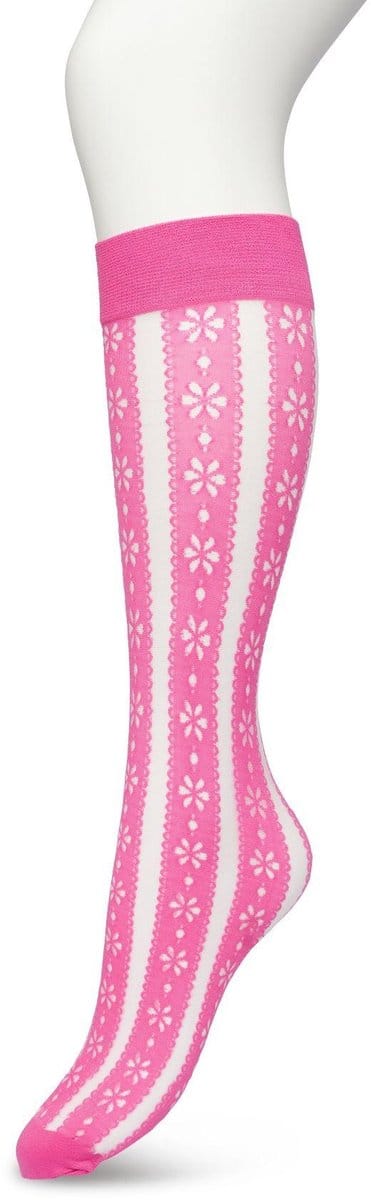 Bonnie Doon Dames Bloemen Panty Kniekousen Roze in maat 36/42 - Knie Kousen 50 denier - Gebloemd - Bloemen Print - Uitstekend draagcomfort - Flower Stripe Knee High - Kniesokken - Zakt niet af - OEKO-TEX - Rose Violet - BP221804.339