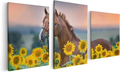 Artaza Canvas Schilderij Drieluik Bruin Paard Tussen De Zonnebloemen - 120x60 - Foto Op Canvas - Canvas Print