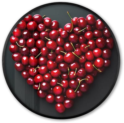 Poster in lijst Rond - Fotolijst 60x60 cm - Posters - Kersen - Hart - Rood - Zwart - Ronde posterlijst zwart - Decoratie - Wanddecoratie woonkamer - Muurdecoratie slaapkamer
