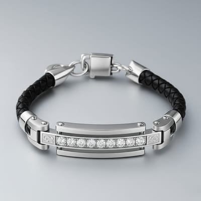 Thomasiny® Cristalle Élite Zilverkleurige Armband Heren – 316L Stainless Steel & Echt Leer – Zirkonia – Verstelbaar 20-25 cm – Luxe Verpakking