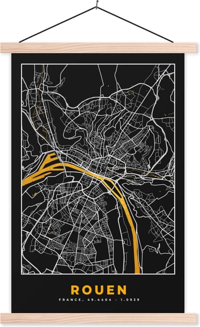 Posterhanger incl. Poster 40x60 cm - Schoolplaat - Kaart – Rouen - Stadskaart – Frankrijk – Plattegrond - Textielposter - Blanke latten - Stadskaart