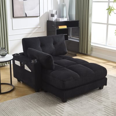 Palm fauteuil met zachte, gestreepte kussens, een armleuning met verrijdbare kussens, een opklapbare hoofdsteun, drie bekerhouders en een broekzak aan de zijkant, past zowel in de woonkamer als in de slaapkamer, zwart.