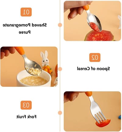 Educatieve Baby Bestekset van 3 Stukken, Leuke Lepel en Vork voor Zelfstandig Eten, Geschikt voor Kinderen vanaf 18 Maanden, Perfect voor Ontwikkeling en Eetplezier