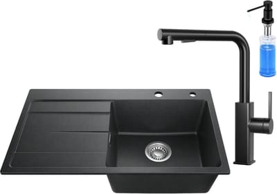 SOFETIY MAX Granieten Spoelbak 78x45CM - Spoelbakken Keuken Met Keukenkraan en Zeepdispenser 300ML - Spoelbak Met Planchet en Afdruiprek - Spoelbakken Incl. Sifon en Afvoerzeefje - Zwart