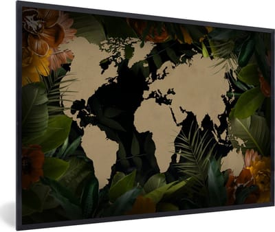 Poster in lijst - Fotolijst 90x60 cm - Posters - Wereldkaart - Planten - Bladeren - Posterlijst zwart - Decoratie - Wanddecoratie woonkamer - Muurdecoratie slaapkamer