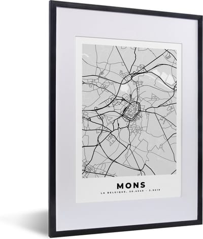 Fotolijst incl. Poster Zwart Wit- België – Mons – Stadskaart – Kaart – Zwart Wit – Plattegrond - 30x40 cm - Posterlijst