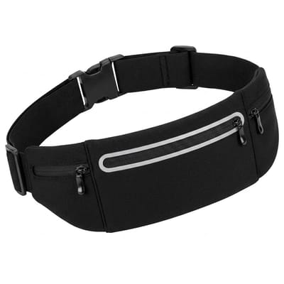 Zwarte money belt heuptas unisex ultradunne fanny pack met reflecterende strip en 3 vakken verstelbare sport riemtas geschikt voor smartphone pasjes en sleutels hardloop heuptas voor reizen fietsen en wandelen