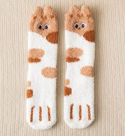 Fluffy Sokken dames - huissokken - warme sokken - wit - bruin - met ogen - 36 - 40 - cadeau voor haar - geschenk - Kerst cadeau - verjaardagscadeau - extra zacht