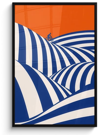 Poster in lijst - Fotolijst 80x120 cm - Posters - Fietser - Heuvels - Strepen - Blauw - Posterlijst zwart - Decoratie - Wanddecoratie woonkamer - Muurdecoratie slaapkamer
