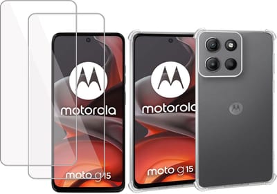 Geschikt voor Motorola Moto G15 / G05 / E15 - Hoesje + 2x Screenprotector – Gehard Glas Cover + Shock Proof Case – Transparant