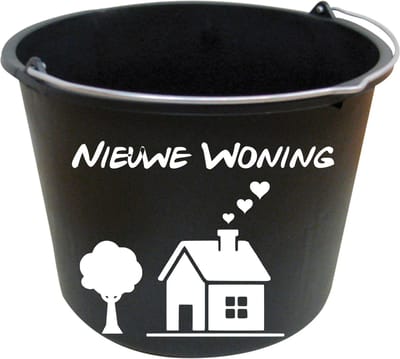 Hip met Pit Creaties - Emmer Nieuwe Woning 12L - Kotsemmer - Zwart met Witte Sticker - Cadeau Emmer Verbouwen - Klus Cadeautjes