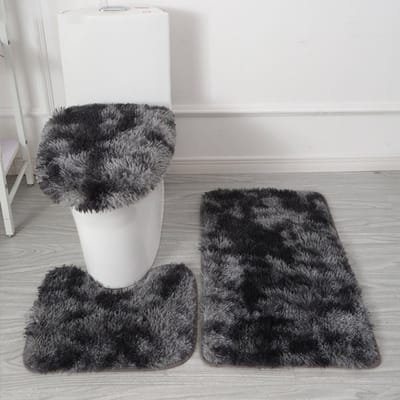 Badmatten Set 3-Delig - Ultrazacht Microfiber & Antislip - Inclusief U-Mat En Wc-Brilhoes - Wasmachinebestendig - zwart + grijs