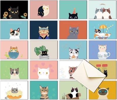 20 Wenskaarten & Bedankkaarten Set Blanco met Enveloppen en Stickers - Schattige Katten Motief