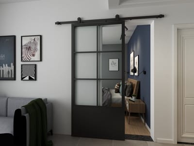 Barnwoodweb Industriële Schuifdeur - 6-Vaks Kickplate - 100x235cm - Helder Glas met Zwart Staal - Inclusief Schuifdeursysteem en Deurgreep