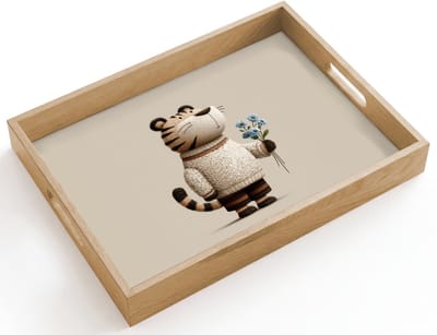 Dienblad hout 40x30 cm - Schootdienblad - Tijger - Blauwe bloemen - Rustig - Borrelplank rechthoek - Plateau dienbladen