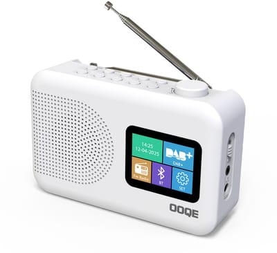 OOQE TUNE PRO 4-in-1 DAB+ Radio | DAB+, FM, Bluetooth, Klok, Wekker | Ideaal als Noodradio | LCD scherm | Auto Scan: Zenders Automatisch Gevonden | Werkt Zowel op Netstroom als Batterijen | 80 voorkeurstations opslaan | Nederlandstalig | Wit