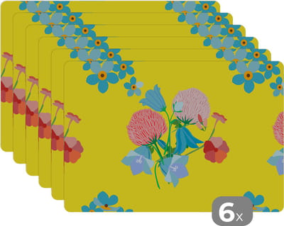 Placemat - Placemats kunststof - Bloemen - Boeket - Lente - Patronen - 45x30 cm - 6 stuks - Hittebestendig - Anti-Slip - Onderlegger - Afneembaar