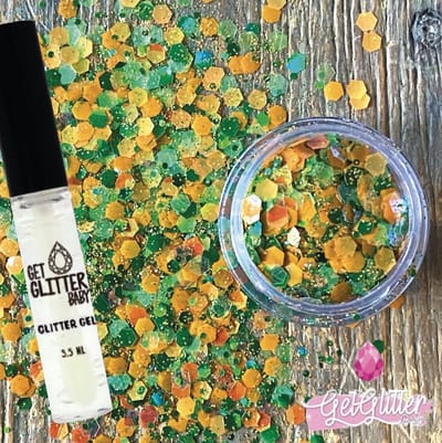 GetGlitterBaby® - Kruikenstad Glitter Oranje Groene Biologische / Tilburg Biologisch afbreekbare Chunky Festival Glitters voor Lichaam en Gezicht / Biodegradable Face Body Skin Glue Carnaval Glitter Jewels Mix - Groen met Lijm Gel HuidLijm