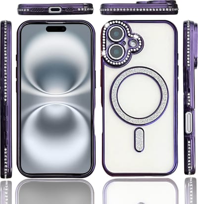 Hoesje Geschikt voor iPhone 16 Plus Magsafe hoes Lens beschermer Paars – Luxe bling sprankelende diamant backcover