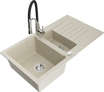 Mexen Matias granieten spoelbak 1,5-komers met afdruiprek en keukenmengkraan Aster, beige - 6502-69-73450-07