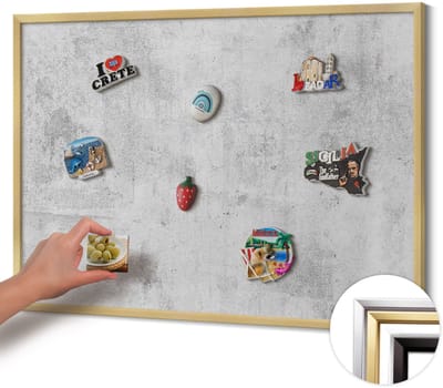Wallfluent - Grijs Magneetbord in Stijlvolle Kleuren - 100 cm x 70 cm - Magneetbord met Gouden Frame - Versleten betontextuur - Magneetbord Multifunctioneel - Magnetisch Bord voor Thuis en Kantoor - Magneetbord Voor Thuiskantoor