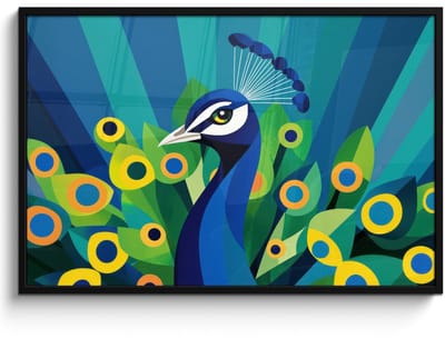 Poster in lijst - Fotolijst 120x80 cm - Posters - Pauw - Cirkels - Blauw - Posterlijst zwart - Decoratie - Wanddecoratie woonkamer - Muurdecoratie slaapkamer