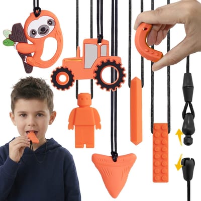 Oranje set sensorische bijtringen voor kinderen, therapeutische ketting, siliconen bijtring voor jongens – 6 stuks
