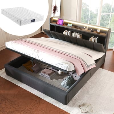 STILVORA Gestoffeerd Bed 140x200 cm - Opbergbed Met Stauraum Hoofdbord En USB - LED Verlichting - Linnen - Grijs