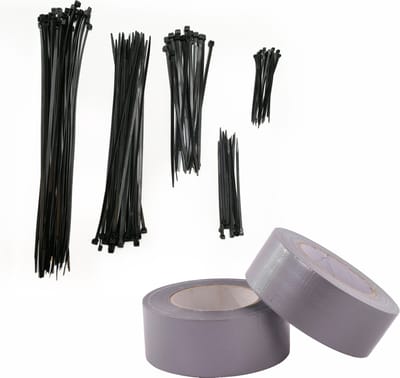 Kortpack - Set van 5 maten Kabelbinders + 2 rollen Grijze Duct-Tape van 5cm breed x 50mtr lang - (099.0185)
