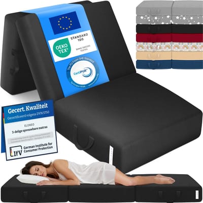 ELONEO Opvouwbaar Matras - 3-Delig Vouwmatras, Extra Dik 15 cm Schuim, Wasbaar en Draagbaar Logeermatras voor Volwassenen, Eenpersoonsbed (Zwart, 75 x 195 x 15 cm)