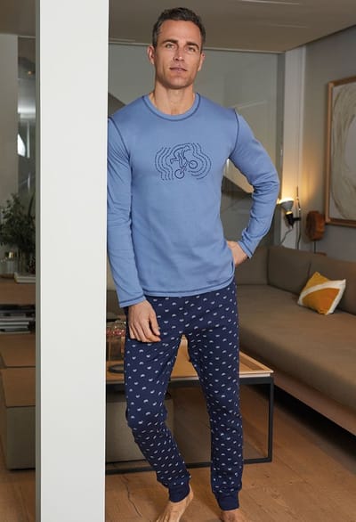 Barandi Herenpyjama – Lange Mouwen – Fietsprint – Blauw – 100% Katoen - XL