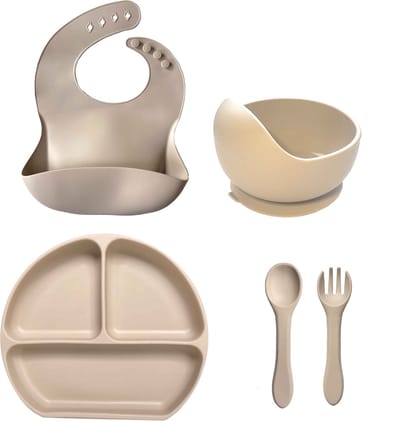5-delig Siliconen Servies Set Beige - Silicone Servies Set - Babyservies - Kinderservies - Baby Bord Zuignap - BPA Vrij