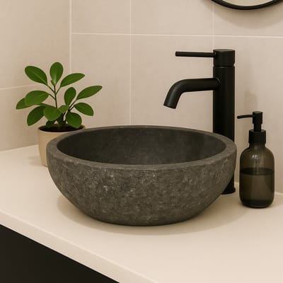 Lendo Online Wastafel ovaal (40-45)x(30-35) cm riviersteen - natuursteen - wasbak voor badkamer - spoelbak - waskom - unieke vorm en kleur!