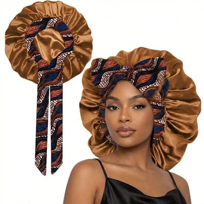 Goudbruine satijnen haar bonnet dames – slaapmuts met golvende print strik en linten – beschermende satijnen haarmuts tegen pluis en wrijving – antikroes slaap cap voor krullen en lang haar