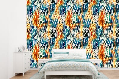 Behang - Fotobehang Oranje - Blauw - Dierenprint - Patronen - Breedte 360 cm x hoogte 260 cm