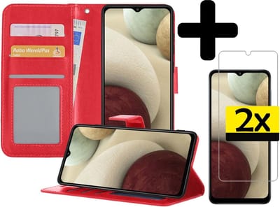 Hoesje - Met 2x Screenprotector - Geschikt voor Samsung Galaxy A12 - Luxe Pasjeshouder - Bookcase Portemonee - Flip Case - Kunstleer Book Case - Flipcase Hoes - Book Cover - Walletcase - Portemonneehoes - Telefoonhoesjes - Rood