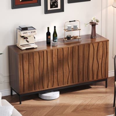 REDOM Dressoir 150 cm Donkerbruin – natuurlijk lamellenpatroon, 3 lades, verstelbare planken, zwarte metalen poten