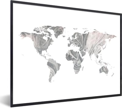 Poster in lijst - Fotolijst 80x60 cm - Posters - Wereldkaart - Verf - Grijs - Posterlijst zwart - Decoratie - Wanddecoratie woonkamer - Muurdecoratie slaapkamer
