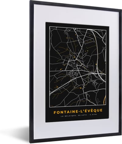 Fotolijst incl. Poster - Fontaine-L'Évêque - Plattegrond - Goud - Kaart - Stadskaart - 30x40 cm - Posterlijst