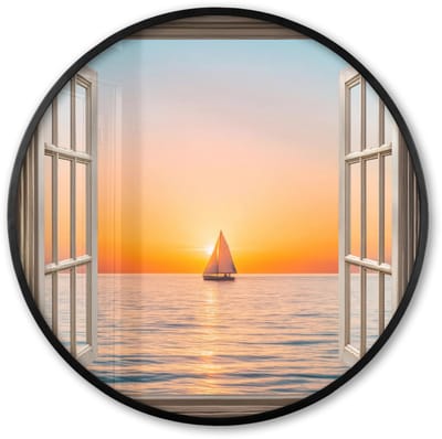 Poster in lijst Rond - Fotolijst 60x60 cm - Posters - Doorkijk - Zee - Boot - Zonsondergang - Ronde posterlijst zwart - Decoratie - Wanddecoratie woonkamer - Muurdecoratie slaapkamer