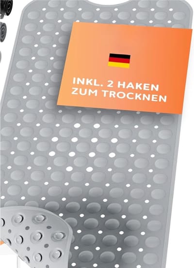 Famanu - Douchemat muisgrijs 100 x 40 cm, antislip, huidvriendelijk, inclusief 2 ophanghaken