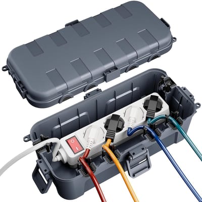 Medium waterdichte kabelbox voor buiten, IP54 waterdicht, weerbestendige kabelbox, ideaal voor de bescherming van verlengkabels, stekkerdozen en hoekstekkers (29 cm x 13,2 cm x 10), grijs
