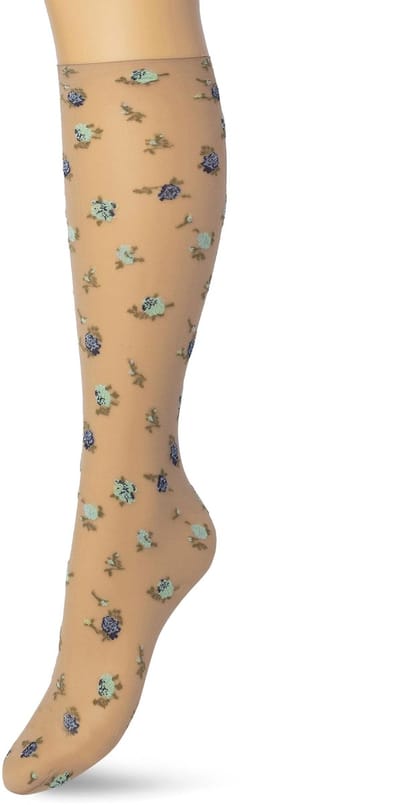 Bonnie Doon Dames Panty Kniekousen met Bloemen Blauw maat 36/42 - Gebloemde Knie Kousen - Luxe Knie Sokken - Uitstekend draagcomfort - English Flower Knee High - Kniesokken - Romantisch - Zakt niet af - Black Iris - BP211502.134